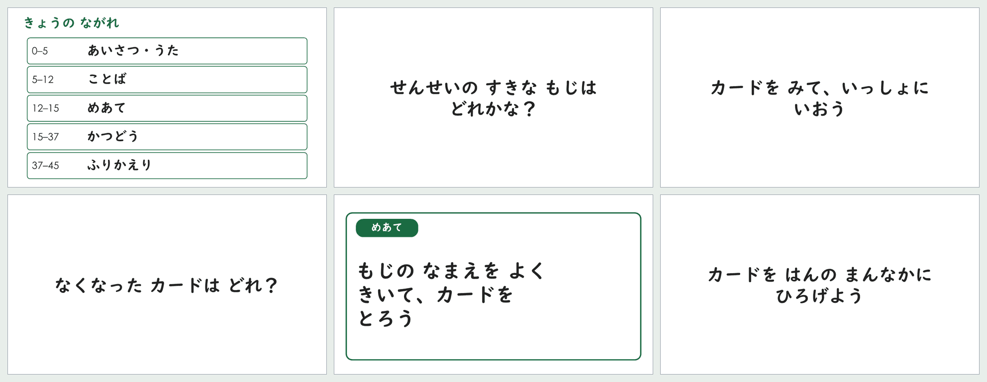 小3「アルファベット大文字」第3時の45分スライドから6枚を並べた見本