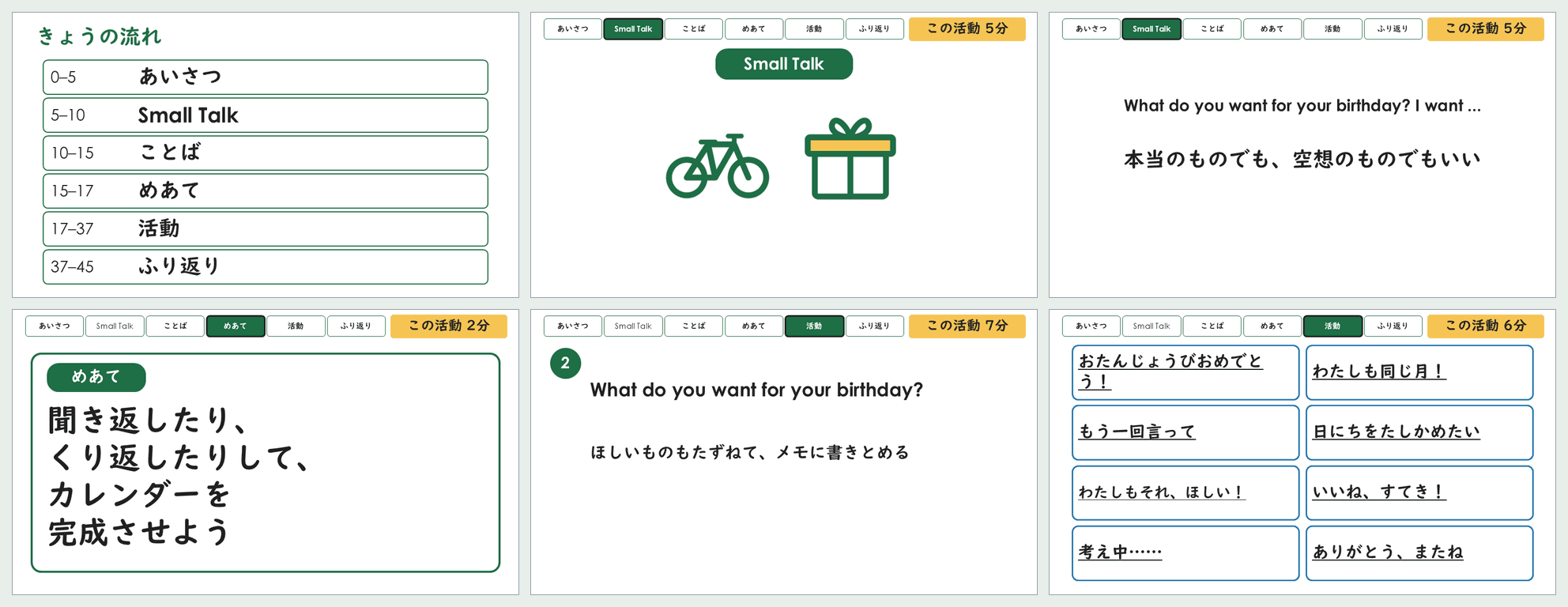 小5「誕生日・ほしいもの」第6時の45分スライドから6枚を並べた見本