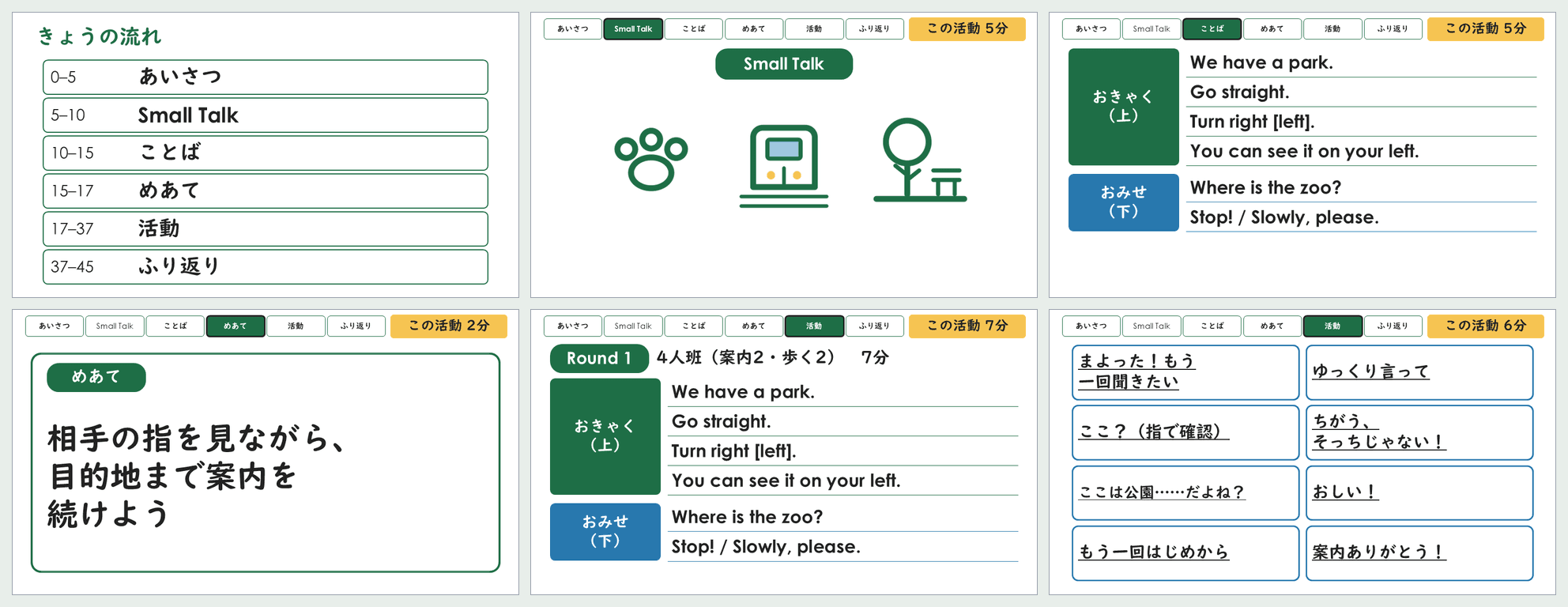 小5「町・道案内」第6時の45分スライドから6枚を並べた見本