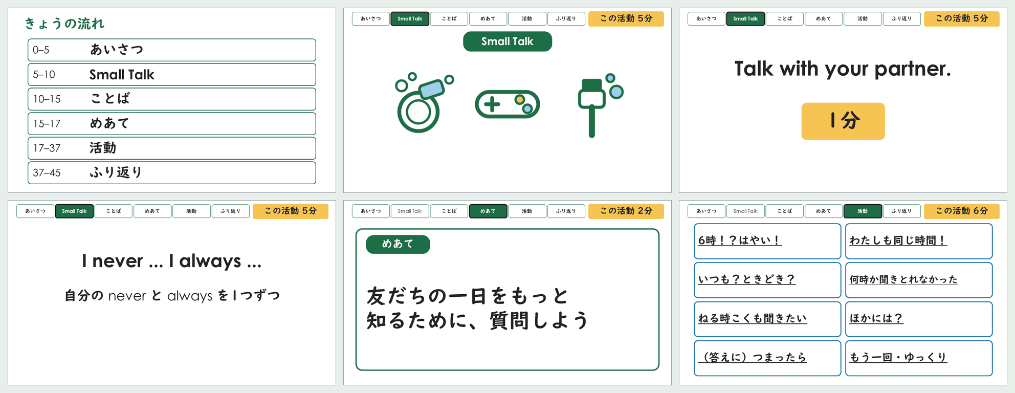 小6「日常生活」第6時の45分スライドから6枚を並べた見本