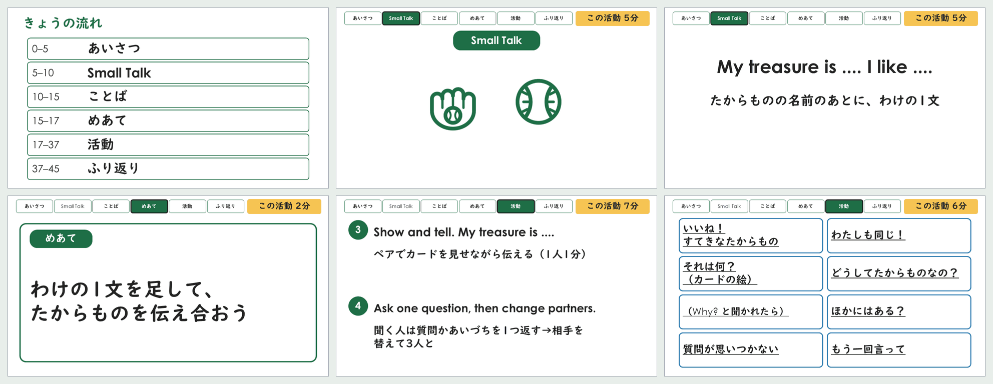 小6「自己紹介・宝物」第6時の45分スライドから6枚を並べた見本