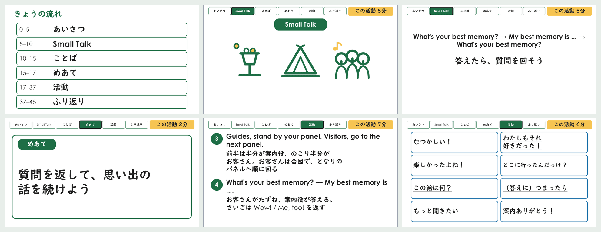 小6「小学校の思い出」第6時の45分スライドから6枚を並べた見本