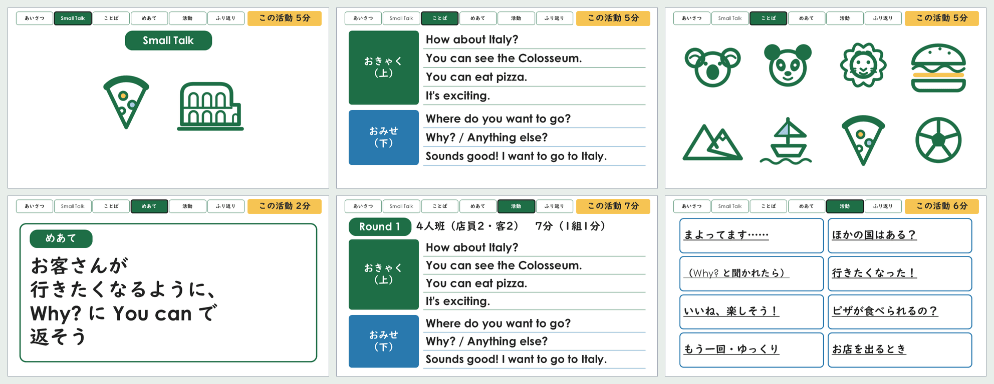 小6「行きたい国」第6時の45分スライドから6枚を並べた見本