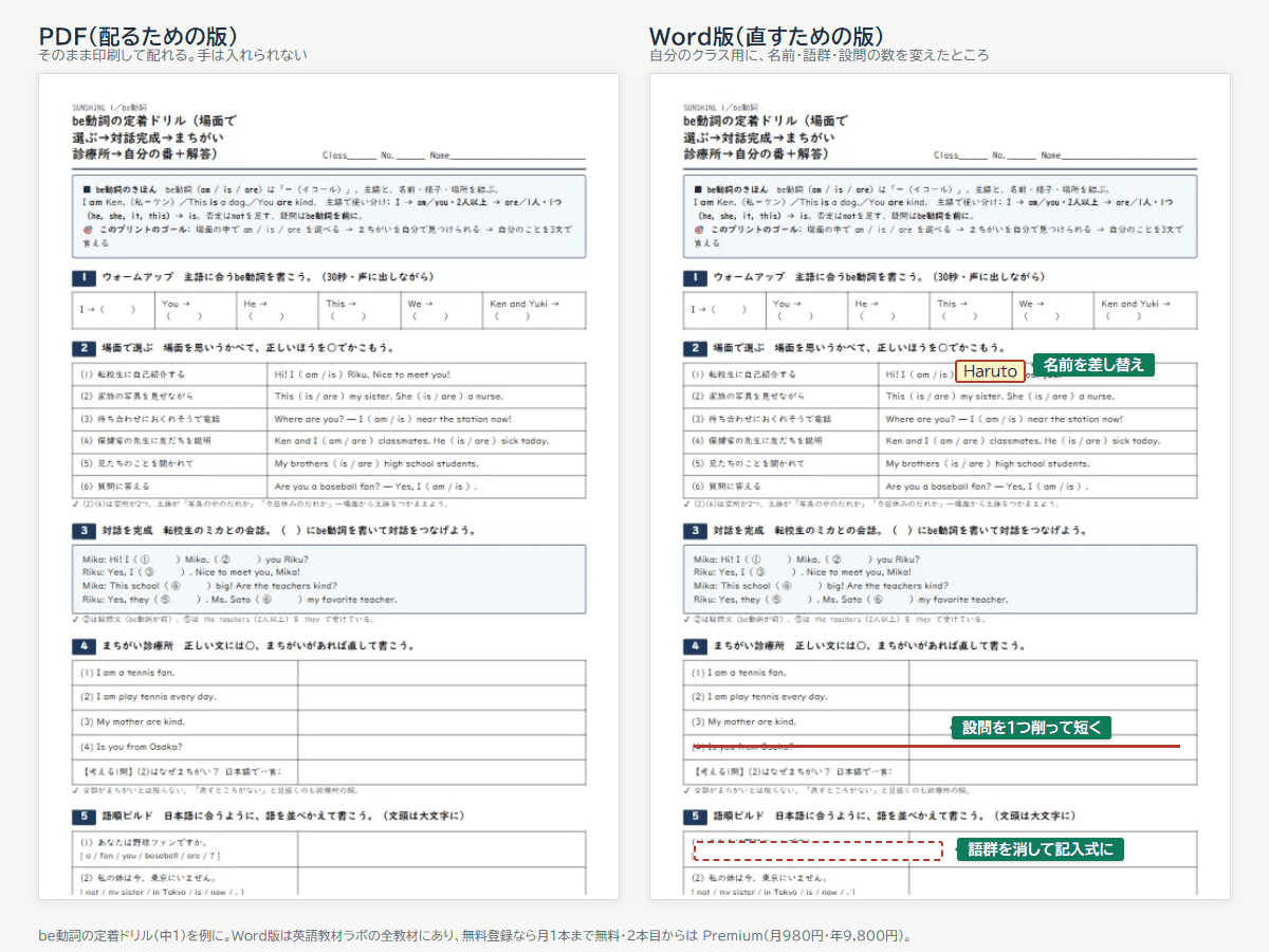 左: PDFのまま。右: Word版で、登場人物の名前を自分のクラスの生徒に、語群を消して記入式に、設問を1つ削って時間を短く、と直した例