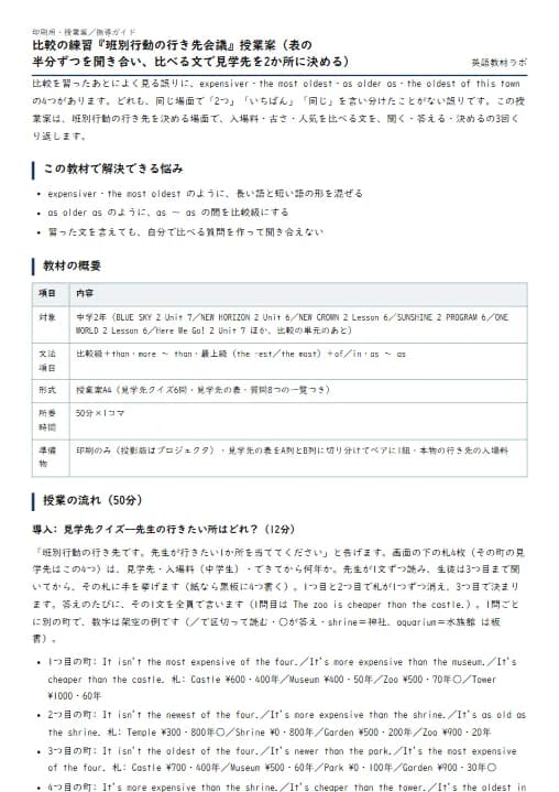 比較の練習『班別行動の行き先会議』授業案（表の半分ずつを聞き合い、比べる文で見学先を2か所に決める） のプリント1ページ目（PDFの実物イメージ）