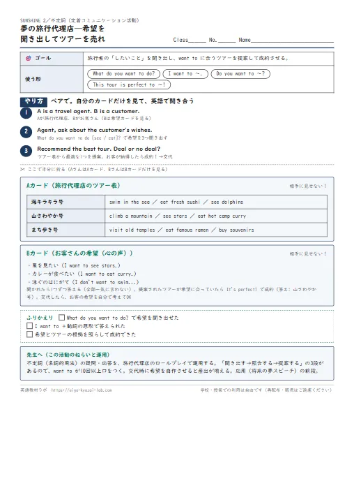 夢の旅行代理店——希望を聞き出してツアーを売れ（不定詞の定着コミュニケーション活動） のプリント1ページ目（PDFの実物イメージ）