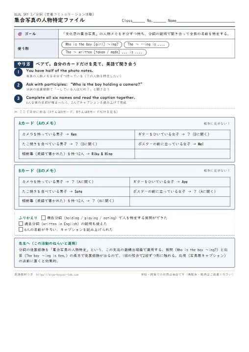 集合写真の人物特定ファイル（分詞の定着コミュニケーション活動） のプリント1ページ目（PDFの実物イメージ）