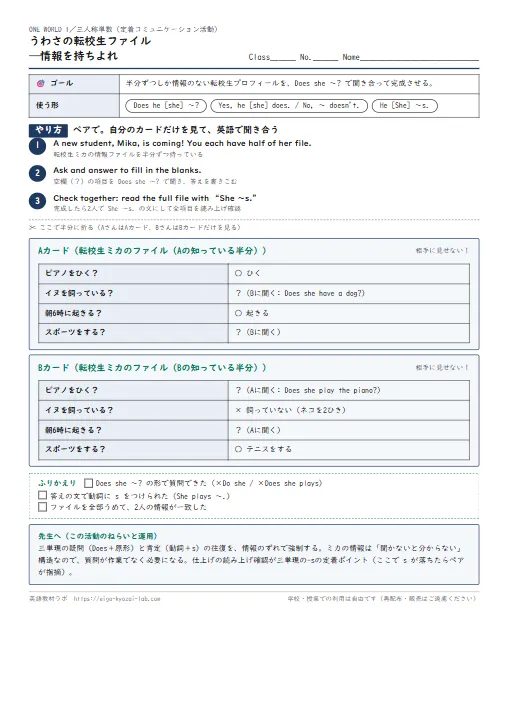 うわさの転校生ファイル——情報を持ちよれ（三人称単数の定着コミュニケーション活動） のプリント1ページ目（PDFの実物イメージ）