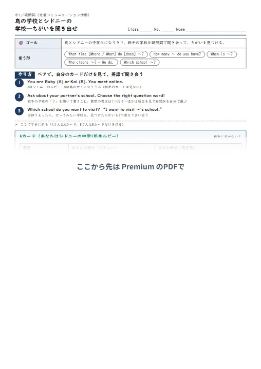 島の学校とシドニーの学校——ちがいを聞き出せ（疑問詞の定着コミュニケーション活動） のプリント1ページ目（PDFの実物イメージ）