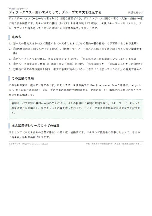 ディクトグロス——聞いてメモして、グループで本文を復元する のプリント1ページ目（PDFの実物イメージ）