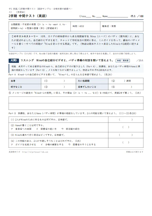 中3・2学期中間テスト発展版：what to wear に答える——入試英作文の型を「質問からもらう」最終形 のプリント1ページ目（PDFの実物イメージ）