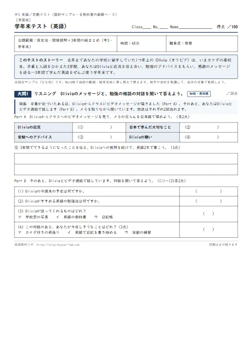 中3・学年末テスト（発展版サンプル）：入試2週間前、思考・判断・表現53%の実戦形で送り出す のプリント1ページ目（PDFの実物イメージ）