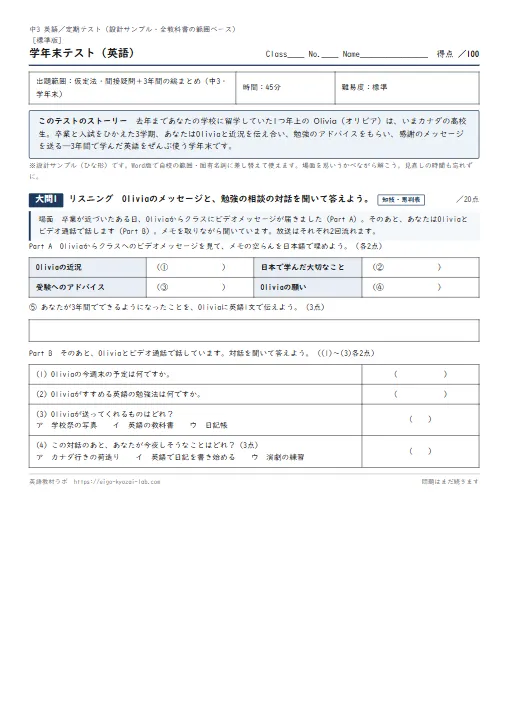 中3・学年末テスト（標準版サンプル）：仮定法は願いの文法——卒業の場面で3年間を締めくくる のプリント1ページ目（PDFの実物イメージ）