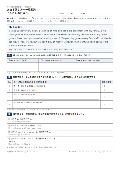 文法を読む 一般動詞「わたしの日曜日」（本文に一般動詞13回→見つけて分ける→根拠で読む→言い換える→パラレルライティング→1分リテリング・全訳と解答つき） のプリント1ページ目（PDFの実物イメージ）
