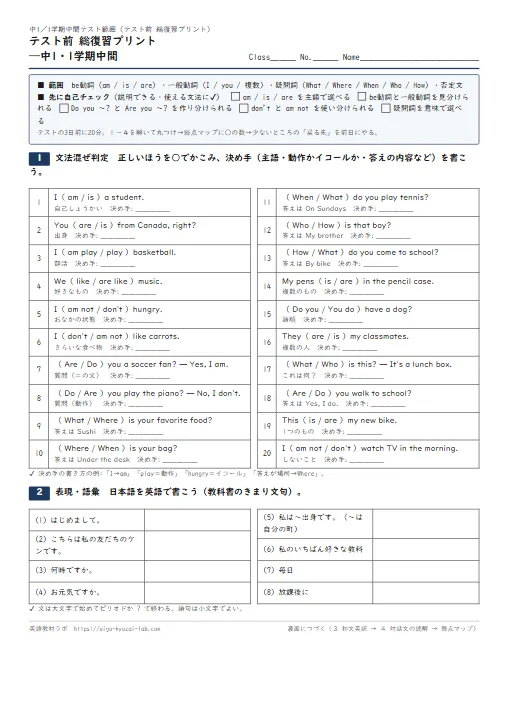 テスト前 総復習プリント 中1・1学期中間（be動詞・一般動詞・疑問詞・否定文の混ぜ判定→表現→和文英訳→対話文→弱点マップ・解答つき） のプリント1ページ目（PDFの実物イメージ）