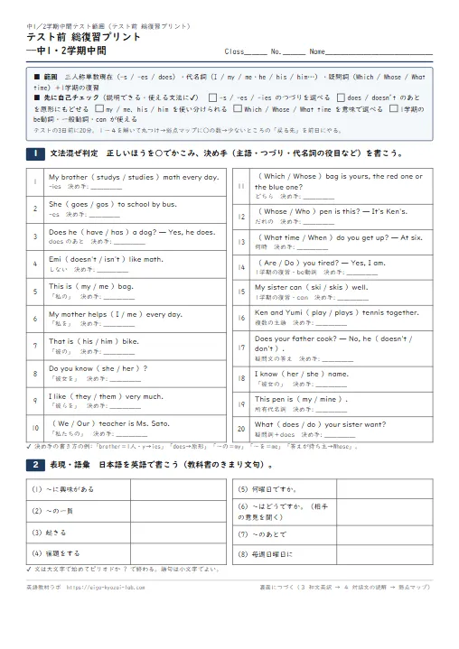 テスト前 総復習プリント 中1・2学期中間（三単現・代名詞・疑問詞＋1学期の復習の混ぜ判定→表現→和文英訳→対話文→弱点マップ・解答つき） のプリント1ページ目（PDFの実物イメージ）