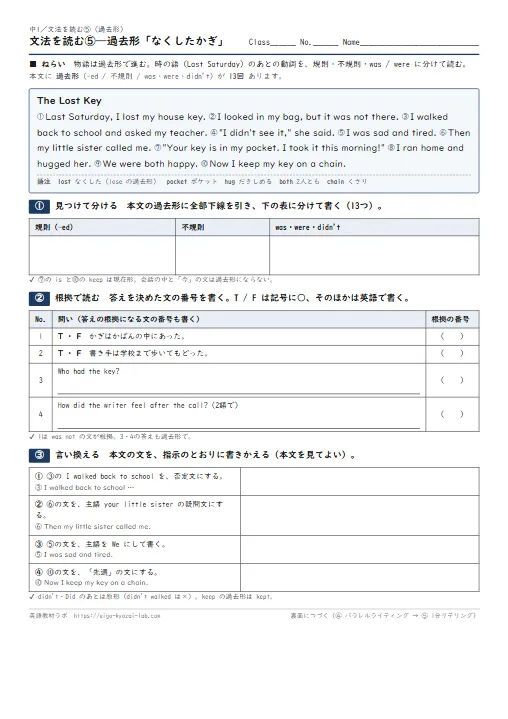 文法を読む 過去形「なくしたかぎ」（本文に過去形13回→見つけて分ける→根拠で読む→言い換える→パラレルライティング→1分リテリング・全訳と解答つき） のプリント1ページ目（PDFの実物イメージ）