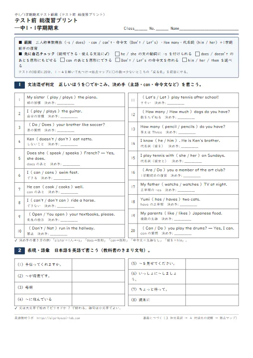 テスト前 総復習プリント 中1・1学期期末（三単現・can・命令文・How many・代名詞の混ぜ判定→表現→和文英訳→対話文→弱点マップ・解答つき） のプリント1ページ目（PDFの実物イメージ）