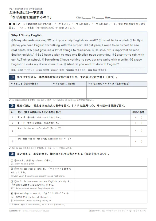 文法を読む 不定詞「なぜ英語を勉強するの？」（本文に不定詞10回→見つけて分ける→根拠で読む→言い換える→パラレルライティング→1分リテリング・全訳と解答つき） のプリント1ページ目（PDFの実物イメージ）