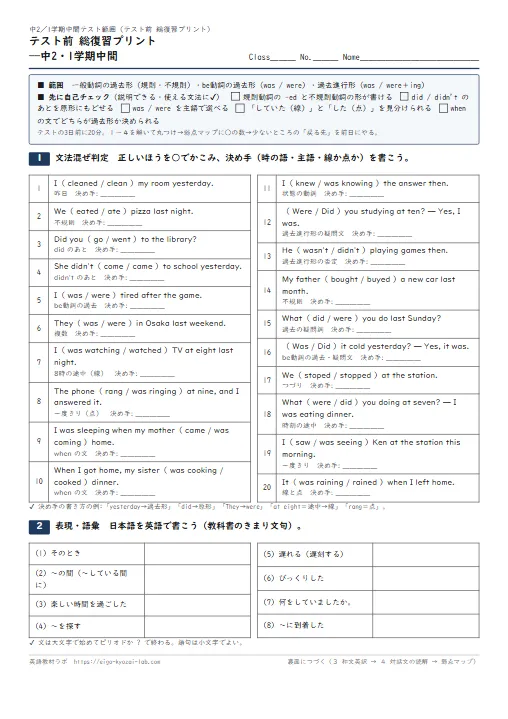 テスト前 総復習プリント 中2・1学期中間（一般動詞の過去形・was／were・過去進行形の混ぜ判定→表現→和文英訳→対話文→弱点マップ・解答つき） のプリント1ページ目（PDFの実物イメージ）
