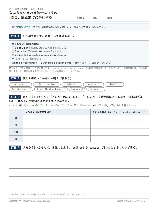 なにもない日の日記——ふつうの1日を過去形で記事にする（中2・過去形の活用・応用ワークシート） のプリント1ページ目（PDFの実物イメージ）