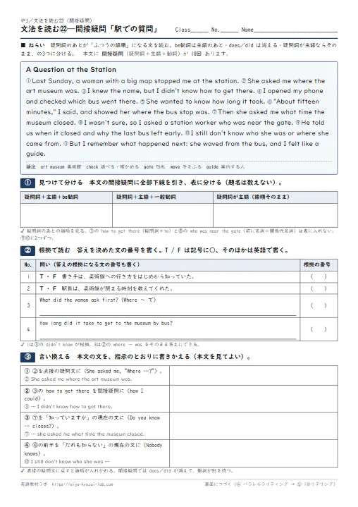 文法を読む 間接疑問「駅での質問」（本文に間接疑問10回→be動詞・一般動詞・疑問詞が主語 に分ける→根拠で読む→言い換える→パラレルライティング→1分リテリング・全訳と解答つき） のプリント1ページ目（PDFの実物イメージ）