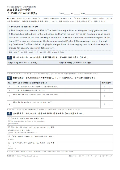 文法を読む 分詞「1950年にとられた写真」（本文に分詞10回→〜ing・過去分詞に分ける→根拠で読む→言い換える→パラレルライティング→1分リテリング・全訳と解答つき） のプリント1ページ目（PDFの実物イメージ）
