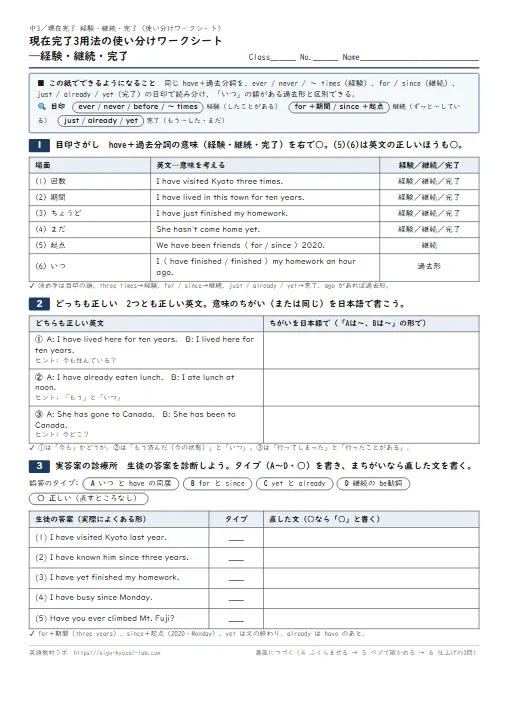 現在完了3用法の使い分けワークシート——経験・継続・完了と過去形（目印さがし→どっちも正しい→実答案の診療所→ふくらませる・解答つき） のプリント1ページ目（PDFの実物イメージ）