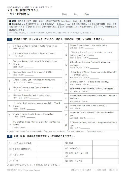 テスト前 総復習プリント 中3・1学期期末（現在完了 完了・経験・継続・現在完了進行形の混ぜ判定→表現→和文英訳→対話文→弱点マップ・解答つき） のプリント1ページ目（PDFの実物イメージ）