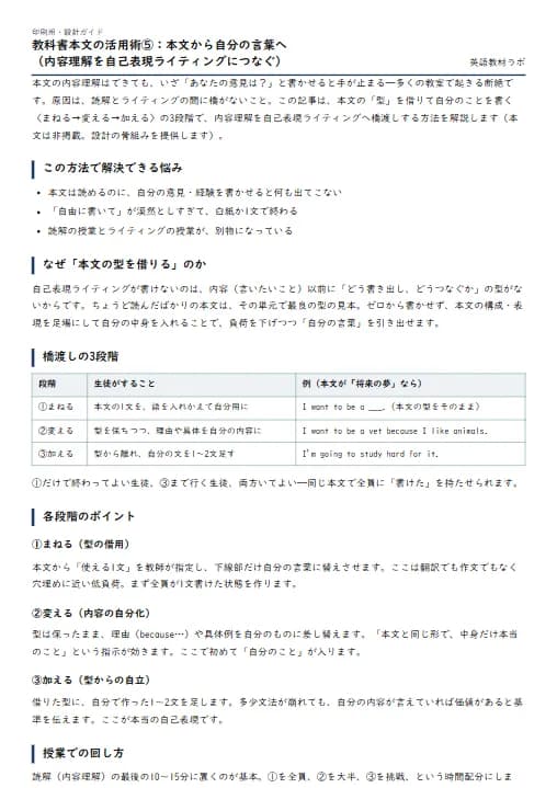 教科書本文の活用術⑤：本文から自分の言葉へ（内容理解を自己表現ライティングにつなぐ） のプリント1ページ目（PDFの実物イメージ）