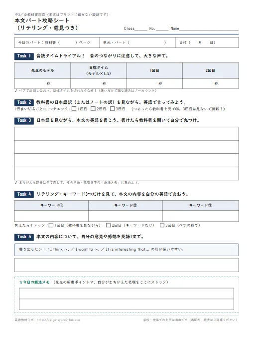本文パート攻略シート・中3版（リテリング・意見文つき） のプリント1ページ目（PDFの実物イメージ）