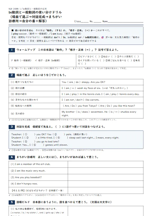 be動詞と一般動詞の定着ドリル（場面で選ぶ→対話完成→まちがい診療所→自分の番・解答つき） のプリント1ページ目（PDFの実物イメージ）