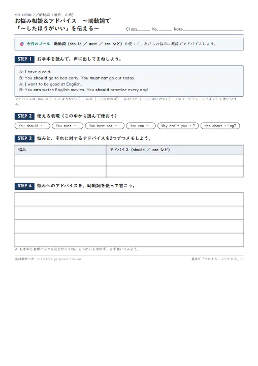 お悩み相談＆アドバイス（助動詞の活用・応用ワークシート・自己評価つき） のプリント1ページ目（PDFの実物イメージ）