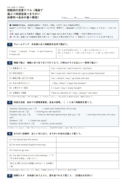 助動詞の定着ドリル（場面で選ぶ→対話完成→まちがい診療所→自分の番・解答つき） のプリント1ページ目（PDFの実物イメージ）