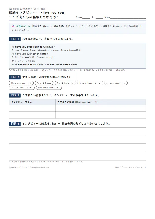 経験インタビュー Have you ever〜?（現在完了の活用・応用ワークシート・自己評価つき） のプリント1ページ目（PDFの実物イメージ）