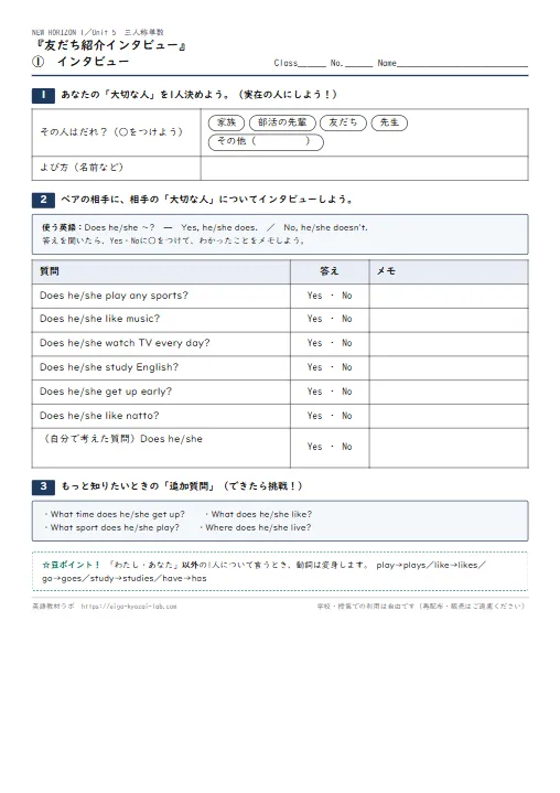 『友だち紹介インタビュー』で定着させる三単現ワークシート のプリント1ページ目（PDFの実物イメージ）