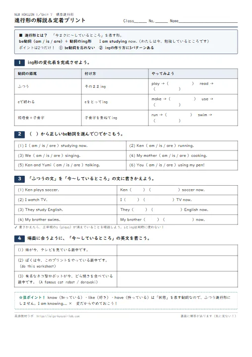 進行形の解説＆定着プリント（ing形の変化表→書き換え→産出の4ステップ） のプリント1ページ目（PDFの実物イメージ）