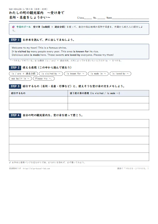 わたしの町の観光案内（受け身の活用・応用ワークシート・自己評価つき） のプリント1ページ目（PDFの実物イメージ）