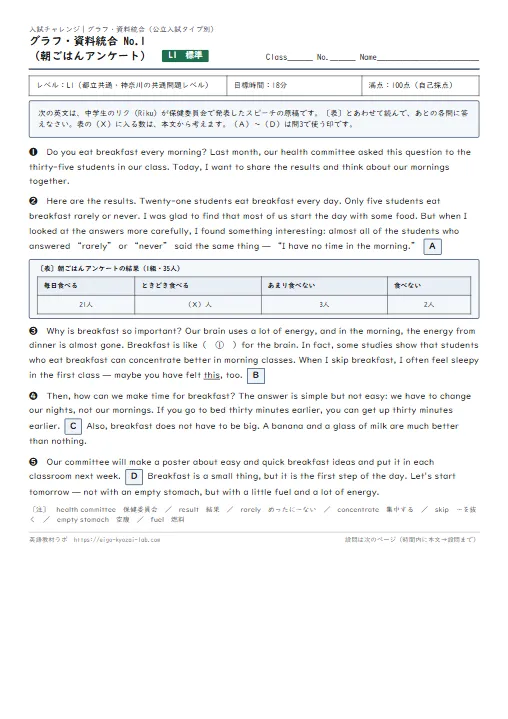 入試チャレンジ・グラフ資料統合：公立入試の「資料×英文」大問を1枚で（標準・発展 各3枚） のプリント1ページ目（PDFの実物イメージ）