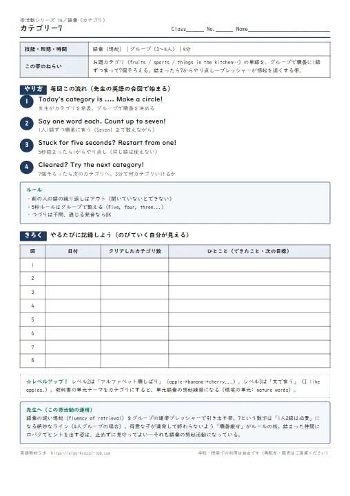カテゴリー7（帯活動14・語彙）：7個そろえるまで帰れないグループ想起戦 のプリント1ページ目（PDFの実物イメージ）