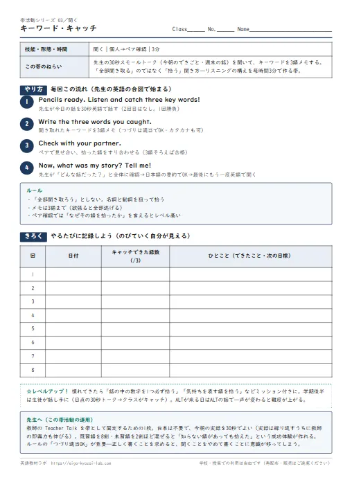 キーワード・キャッチ（帯活動03・聞く）：先生の30秒トークから3語を「拾う」 のプリント1ページ目（PDFの実物イメージ）