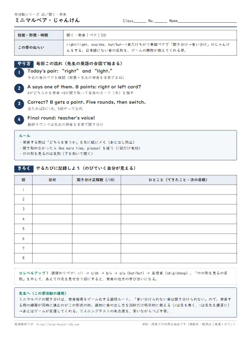 ミニマルペア・じゃんけん（帯活動20・聞く発音）：rightとlightを聞き分けろ のプリント1ページ目（PDFの実物イメージ）