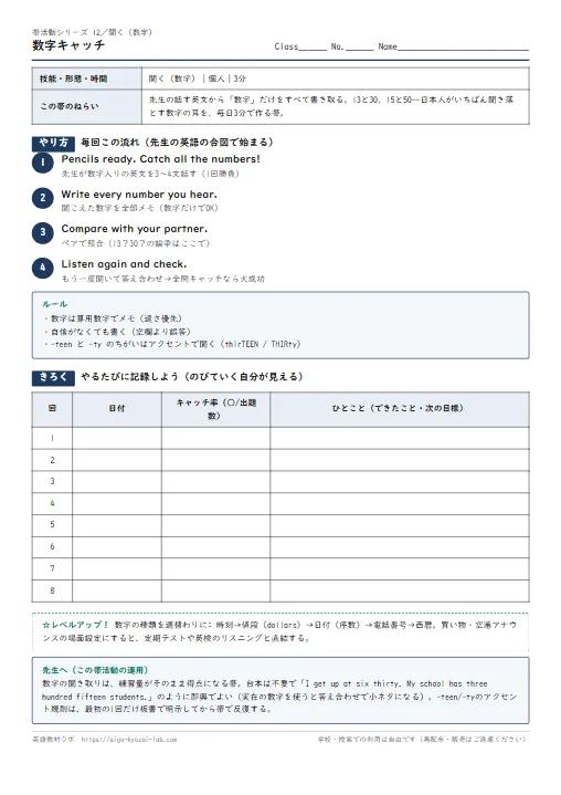 数字キャッチ（帯活動12・聞く）：13と30を聞き分ける耳を毎日つくる のプリント1ページ目（PDFの実物イメージ）