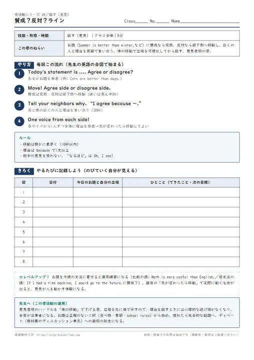 賛成？反対？ライン（帯活動09・話す）：立場に移動してから理由を言う のプリント1ページ目（PDFの実物イメージ）