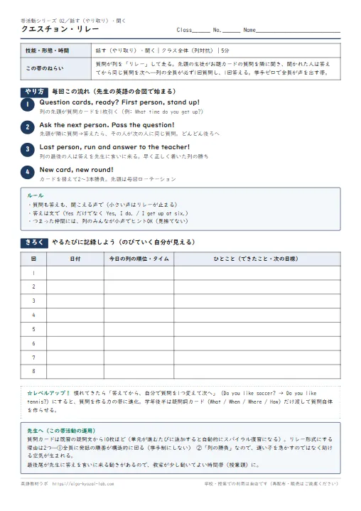 クエスチョン・リレー（帯活動02・話す聞く）：質問が列を走る、挙手ゼロで全員発話 のプリント1ページ目（PDFの実物イメージ）