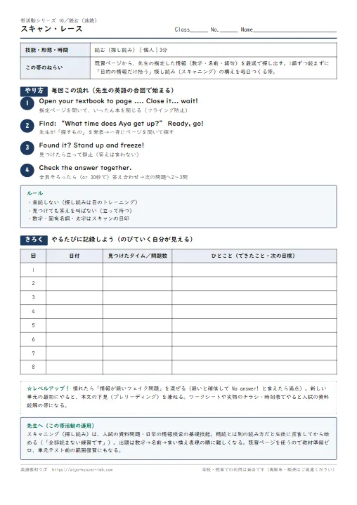 スキャン・レース（帯活動10・読む）：探し読みの目を毎日3分で作る のプリント1ページ目（PDFの実物イメージ）