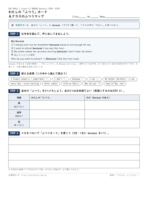 わたしの「ふつう」カード（接続詞 because の活用・応用ワークシート 中1版・自己評価つき） のプリント1ページ目（PDFの実物イメージ）