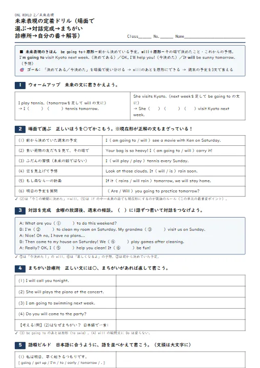 未来表現の定着ドリル（場面で選ぶ→対話完成→まちがい診療所→自分の番・解答つき） のプリント1ページ目（PDFの実物イメージ）