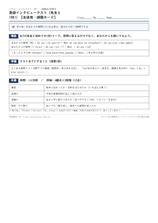 英語インタビューテスト（先生と1対1）（課題カード・ルーブリック・採点表つき） のプリント1ページ目（PDFの実物イメージ）