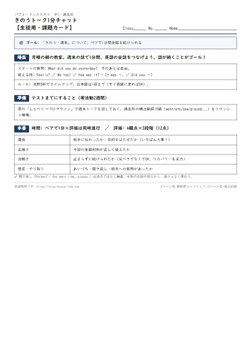 きのうトーク1分チャット（課題カード・ルーブリック・採点表つき） のプリント1ページ目（PDFの実物イメージ）